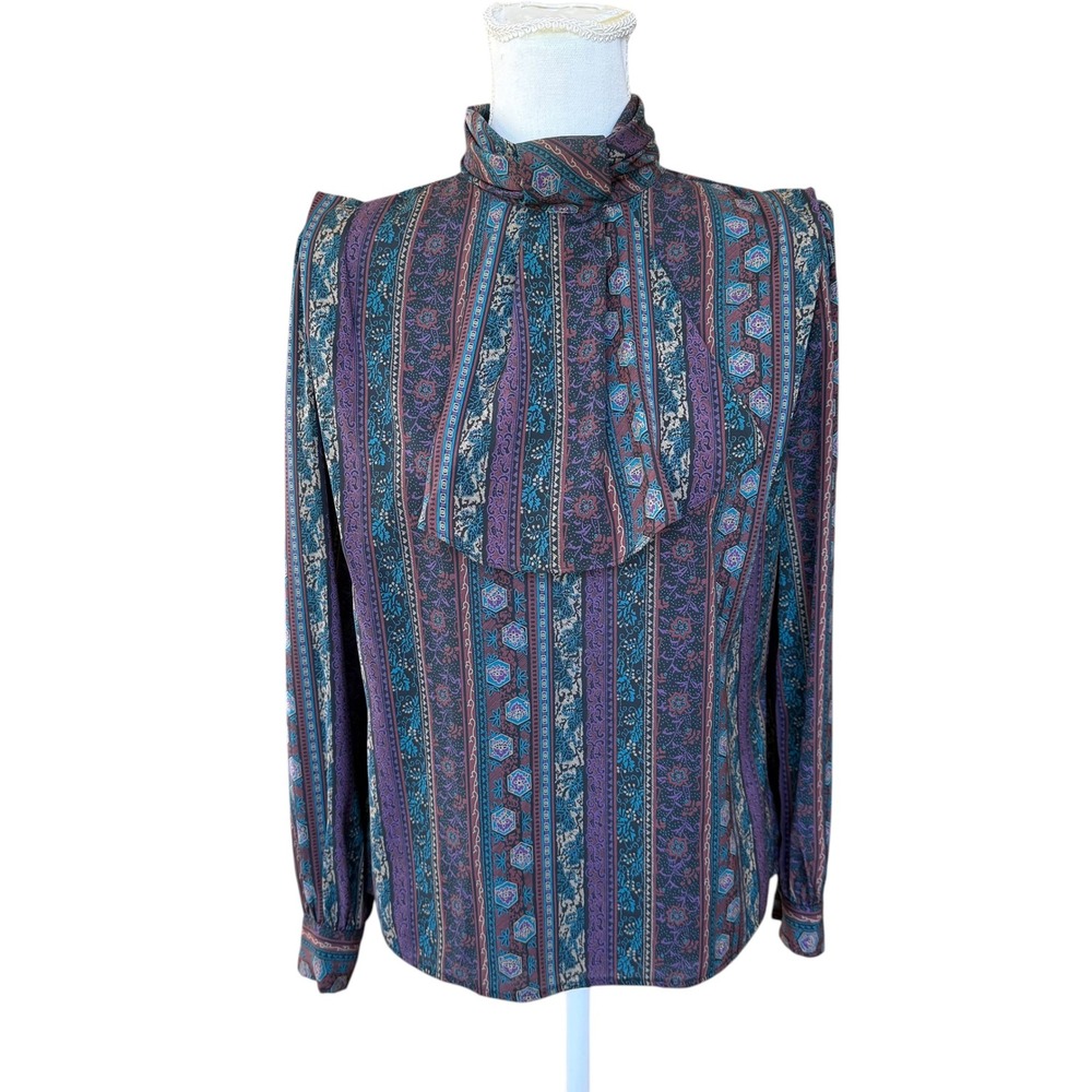 Sophisticates by Jonathan Martin Vintage High Neck Jabot Blouse Purple Teal Boho